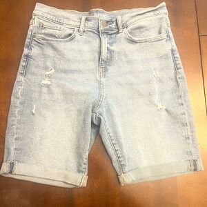 a.n.a. High-Rise Denim Distressed Bermuda Shorts